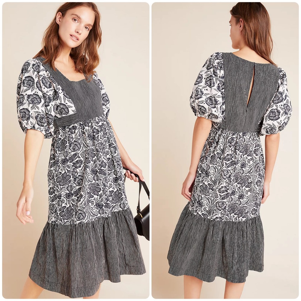 BloomingPrint Anthropologie Adrienne Floral Mixed Print Flounced Midi Dress 10